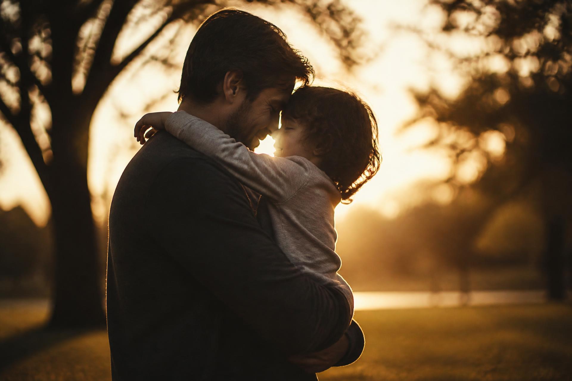 A father holding his child at golden hour in a park