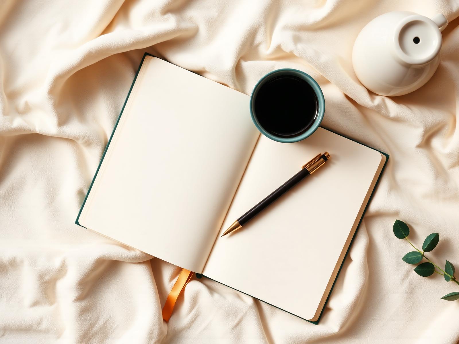 An open workbook with a pen, coffee and gold bookmark